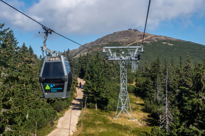Silný vítr zastavil dnes dopoledne horní úsek kabinové lanovky na Sněžku